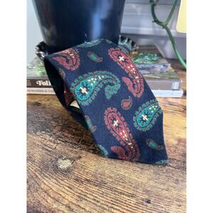 1980s Polo Ralph Lauren Black Red Green Paisley Old Money Christmas Wool Tie